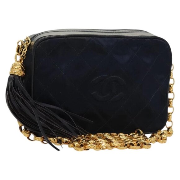 CHANEL Matelasse Chain Shoulder Bag Satin Navy Gold CC Auth PP694 - Picture 1 of 14